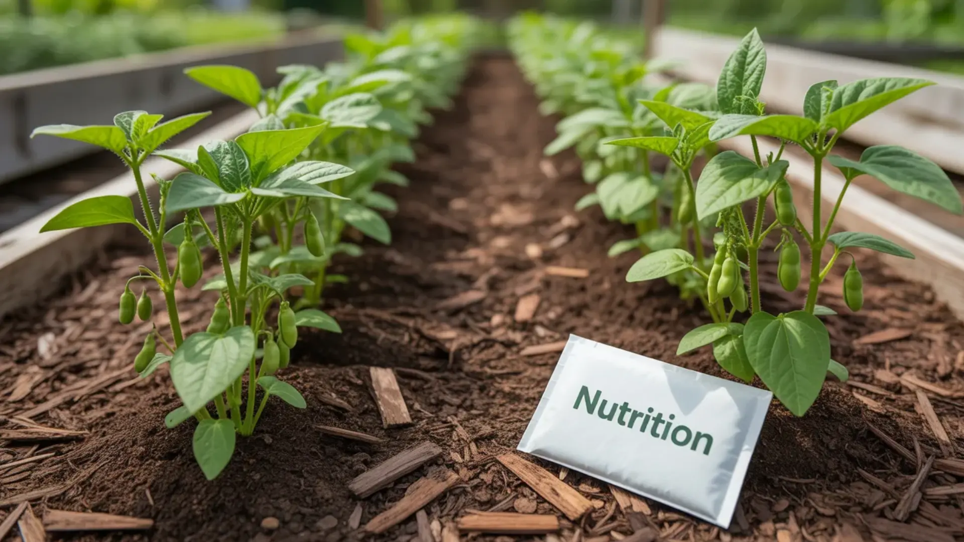 Green bean plants growing in soil mixed with compost with fertilizer granules placed near the base of the plants