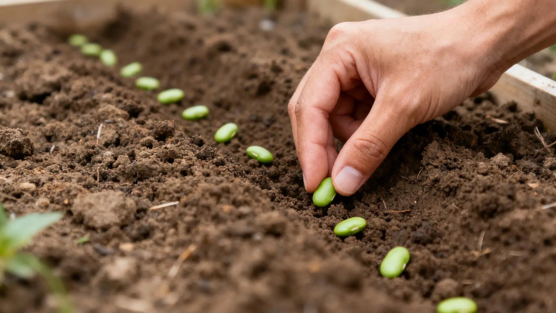 Green bean seeds being pressed into loose prepared soil in an outdoor garden bed.
