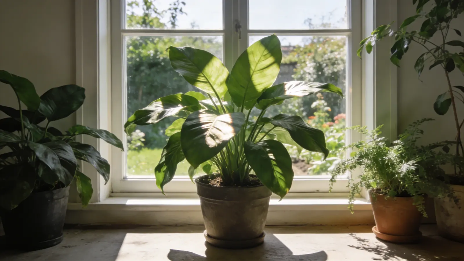 Green plants receiving sunlight near a window and in a garden setting