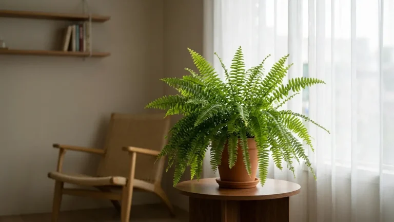 Green fern placed near a window with soft filtered sunlight indoors