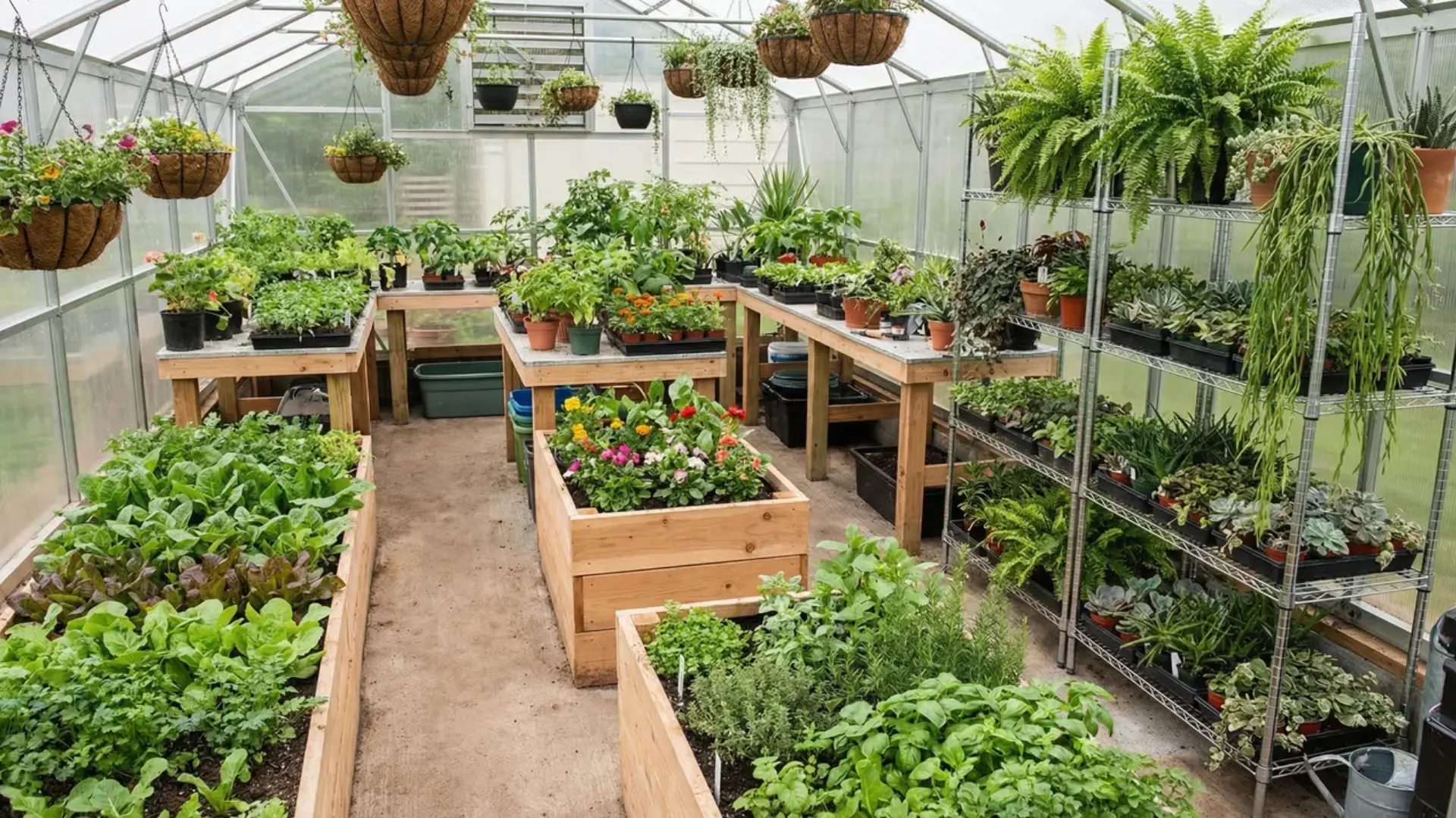 Greenhouse layout with plants arranged on beds, tables, and vertical shelves for efficient space use