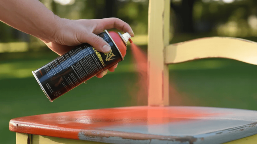 Hand spray painting a wooden chair outdoors, adding bright orange color to the seat while the chair frame remains light yellow