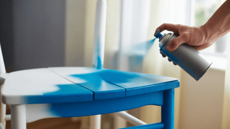 Hand using a spray paint can to paint a wooden chair blue, with fresh color covering the seat in a bright indoor space
