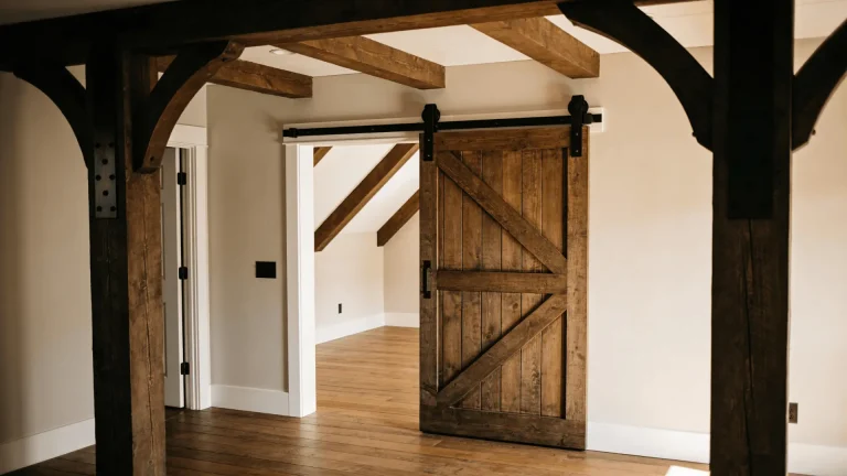 Handcrafted Z-brace wooden barn door sliding on black metal track hardware above a doorway.