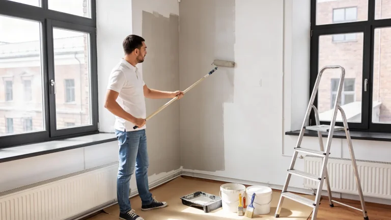 Interior house painting process showing fresh painted walls and painting tools in a modern home