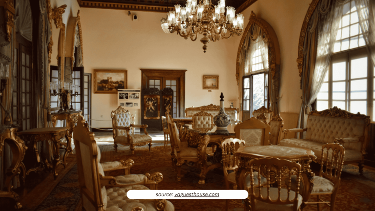 Interior room with catherine the great's furniture including ornate chairs, tables, and chandelier