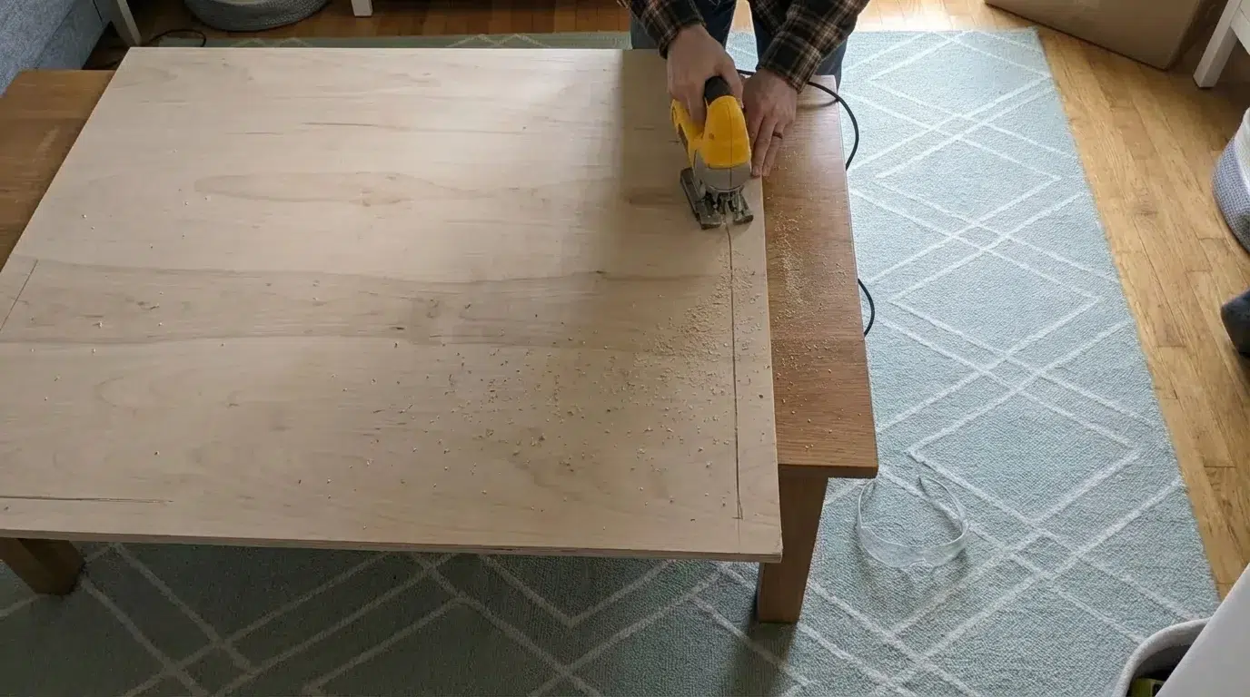 Jigsaw cutting a pencil-marked plywood board on a grey floor rug as part of a DIY upholstered headboard project