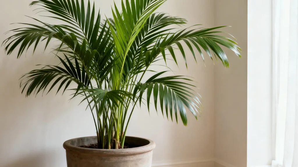 Kentia palm with long green fronds placed indoors in a spacious setting