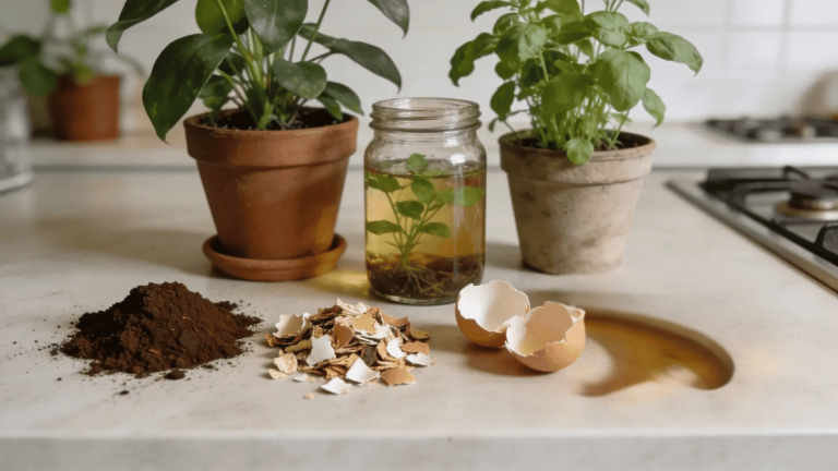 Kitchen scraps and liquid plant food placed next to potted plants on a counter