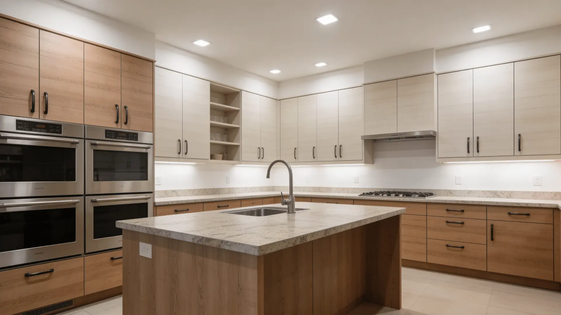 Kitchen with central island counter and surrounding cabinets in an open layout