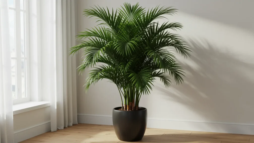 Lady palm with dense green leaves placed indoors in bright indirect light