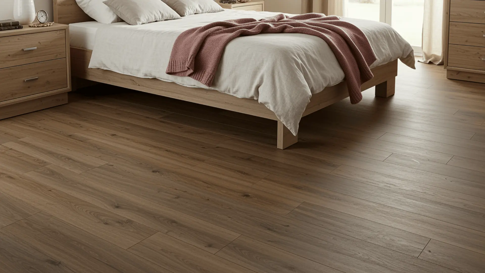 Laminate flooring installed in a bedroom with bed, dresser, and bedside table on wood-look planks
