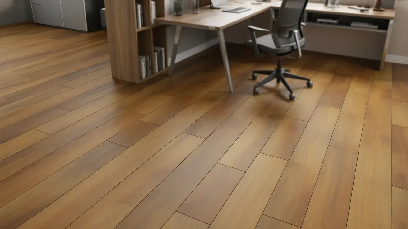 Laminate flooring installed in a home office beneath a desk and rolling office chair