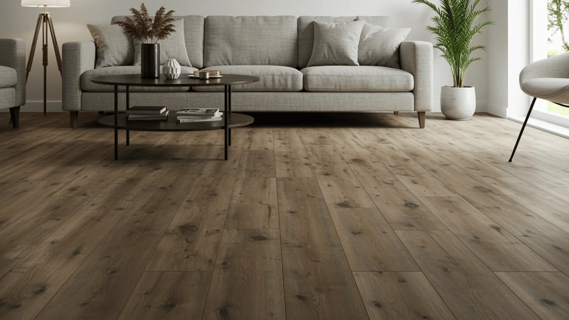 Laminate flooring installed in a living room with sofa, coffee table, and area rug on wood-look planks