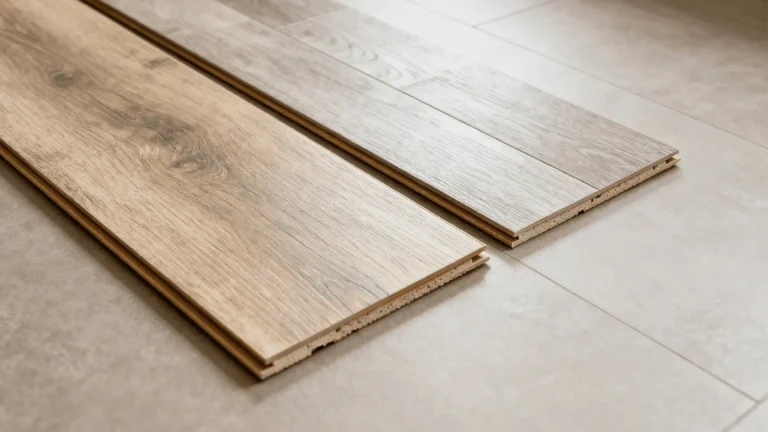 Laminate flooring planks and luxury vinyl plank samples placed side by side showing wood-look surface textures