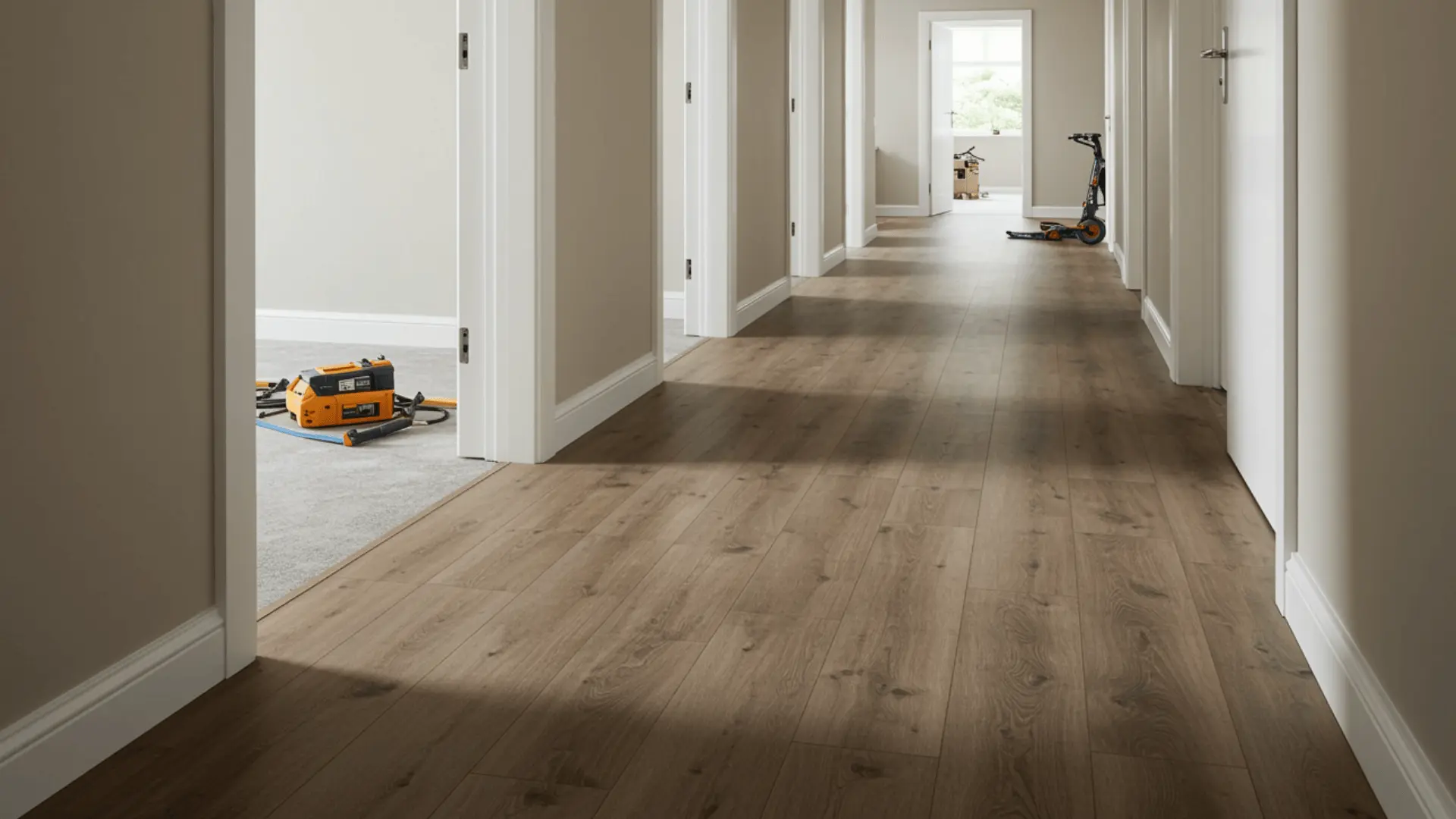 Laminate flooring planks installed along a residential hallway floor