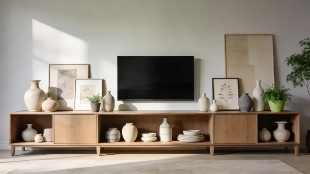 Large TV stand with grouped decor arrangements
