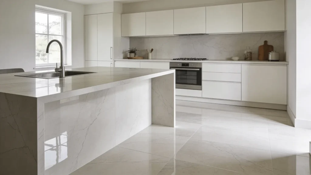 Large slab porcelain flooring with minimal joints in an open kitchen layout
