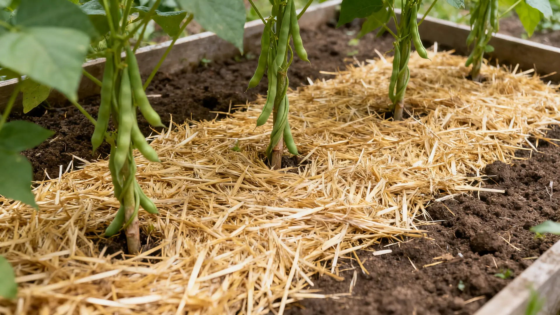 Layer of straw mulch spread around the base of green bean plants in an outdoor garden bed.