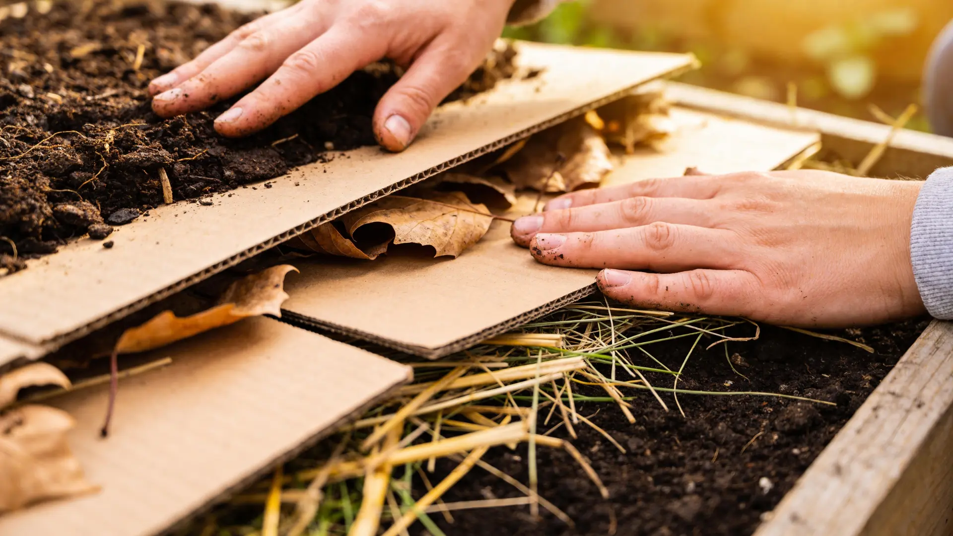 Layered organic materials in a lasagna garden showing how the layering method works