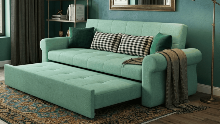 Light green sofa bed open flat in a living room with checkered cushions, patterned rug, and throw on armrest