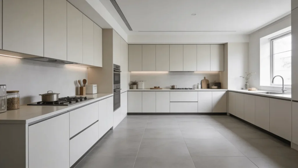 Light grey large-format porcelain tiles with minimal grout lines in a modern kitchen