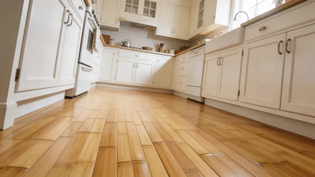 Light-toned bamboo flooring on a kitchen floor with simple cabinets and minimal design