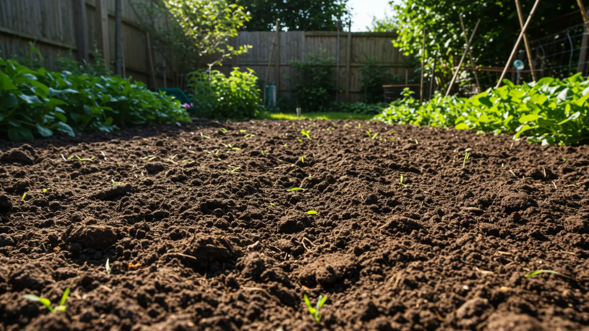 _Loose fertile garden bed soil in an open outdoor location receiving direct natural sunlight.