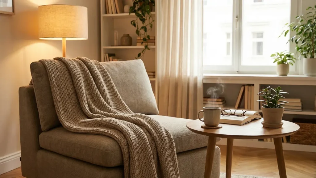 Lounge Chair wide cushioned lounge chair in a cozy living room corner with a side table and coffee mug