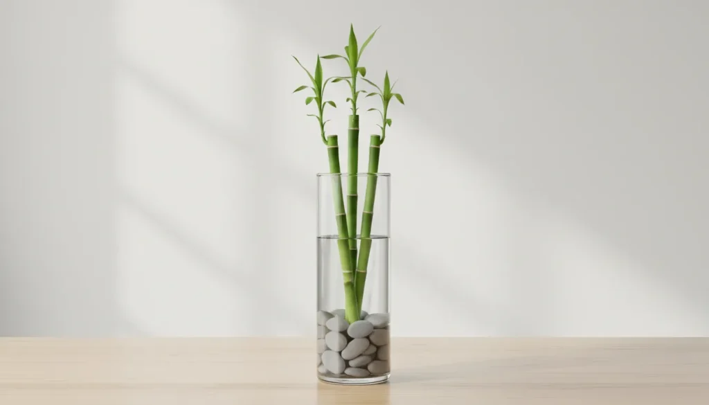 Lucky bamboo stalks in a clear glass vase with pebbles and water on a tabletop.