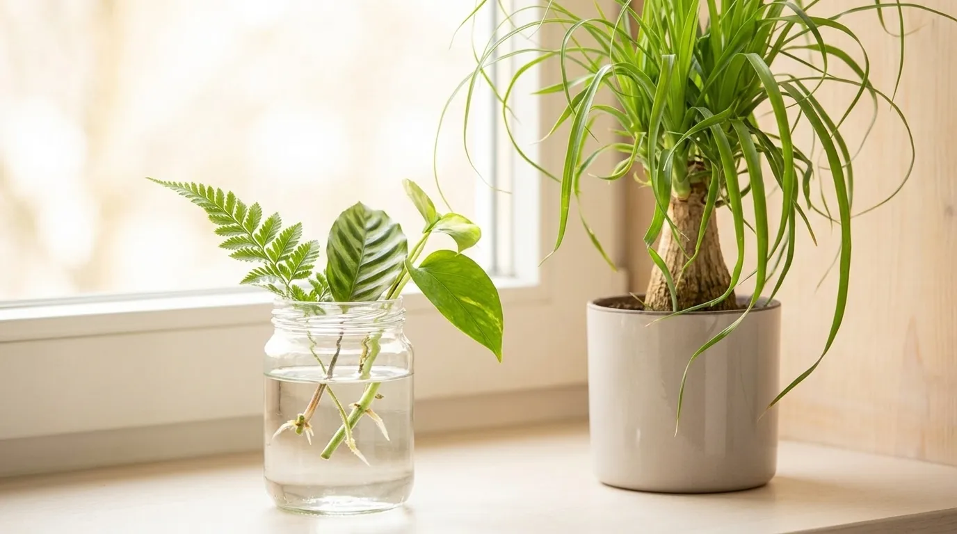 Lush green houseplant on a bright windowsill beside a clear glass jar holding pruned cuttings rooting in water, illustrating the practice of propagating healthy trimmings from indoor plants.