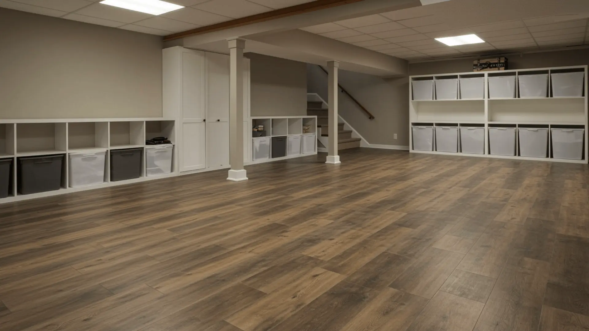 Luxury vinyl plank flooring installed across a finished basement floor