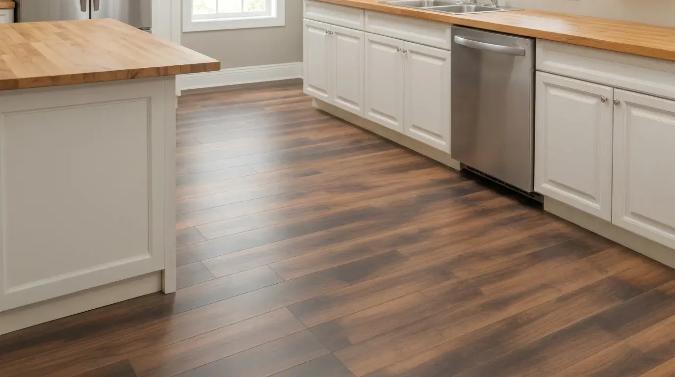 Luxury vinyl plank flooring installed across a kitchen floor with wood-look plank pattern