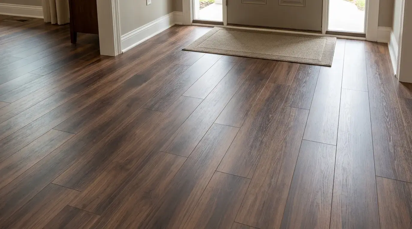 Luxury vinyl plank flooring installed in a home entryway near the front door