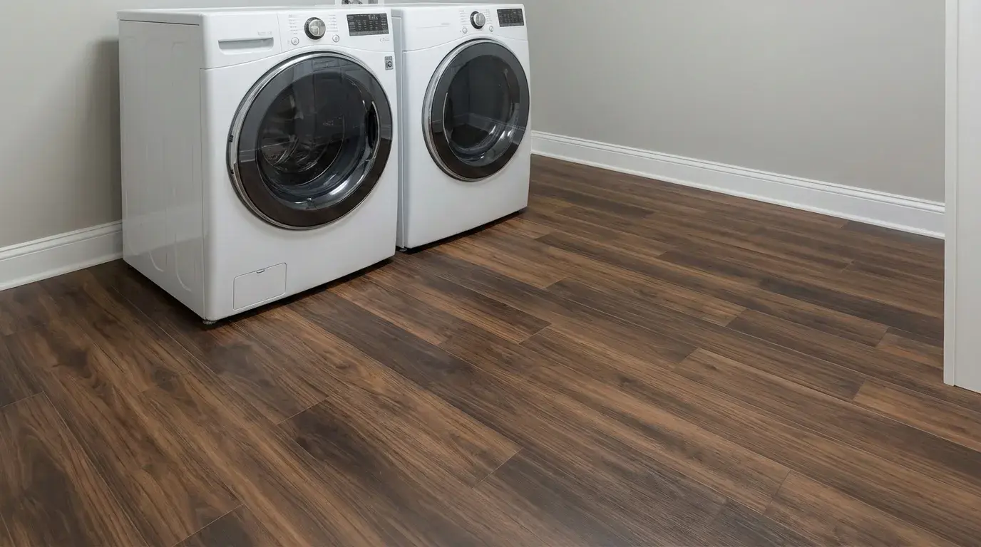 Luxury vinyl plank flooring installed in a laundry room beneath washer and dryer