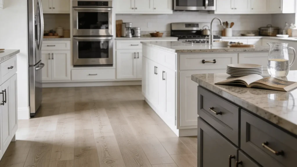 Luxury vinyl tile flooring on a kitchen floor with a clean and practical layout