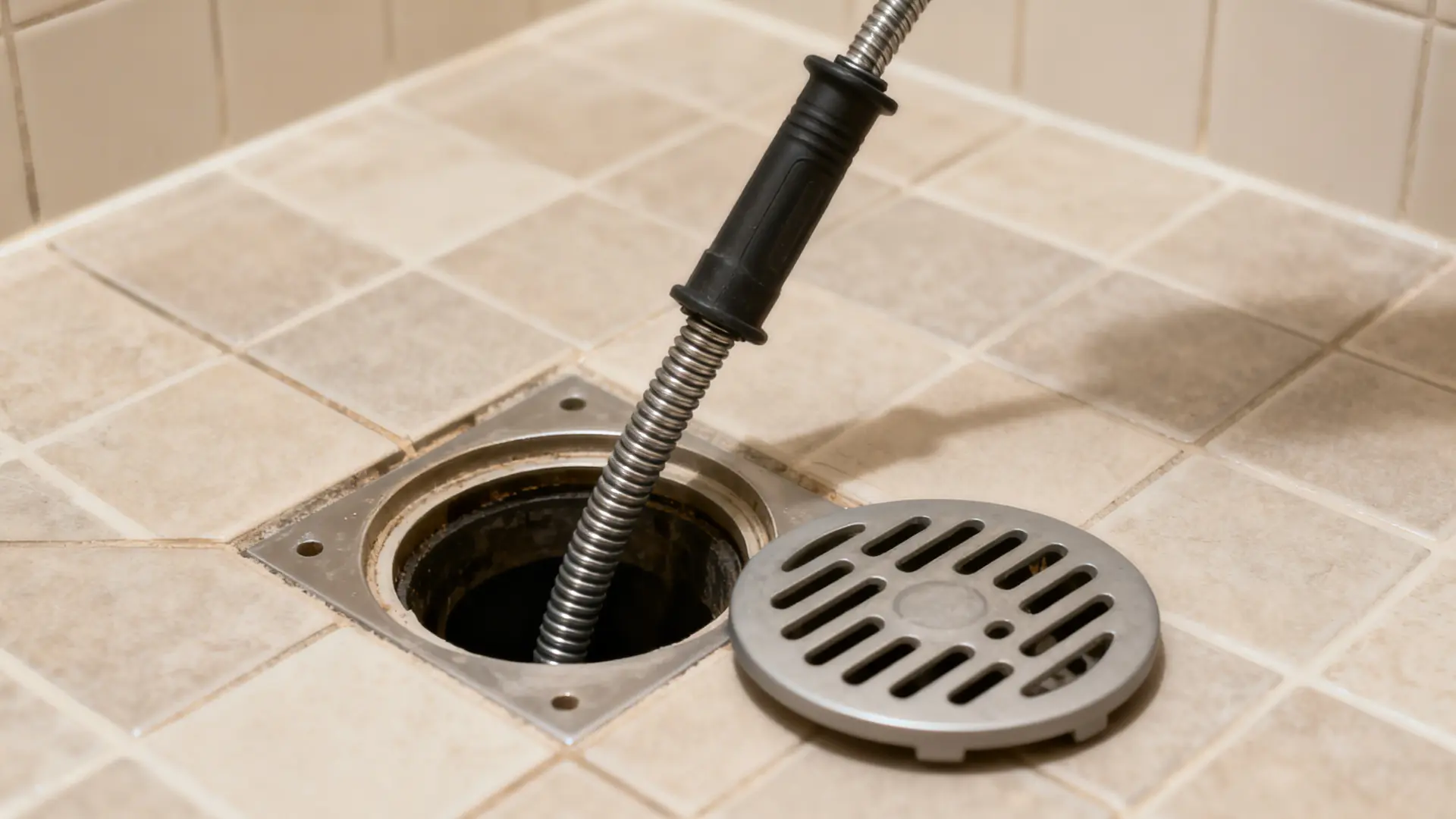 Manual drain snake with cable fed into an open shower drain opening on a tiled bathroom floor.