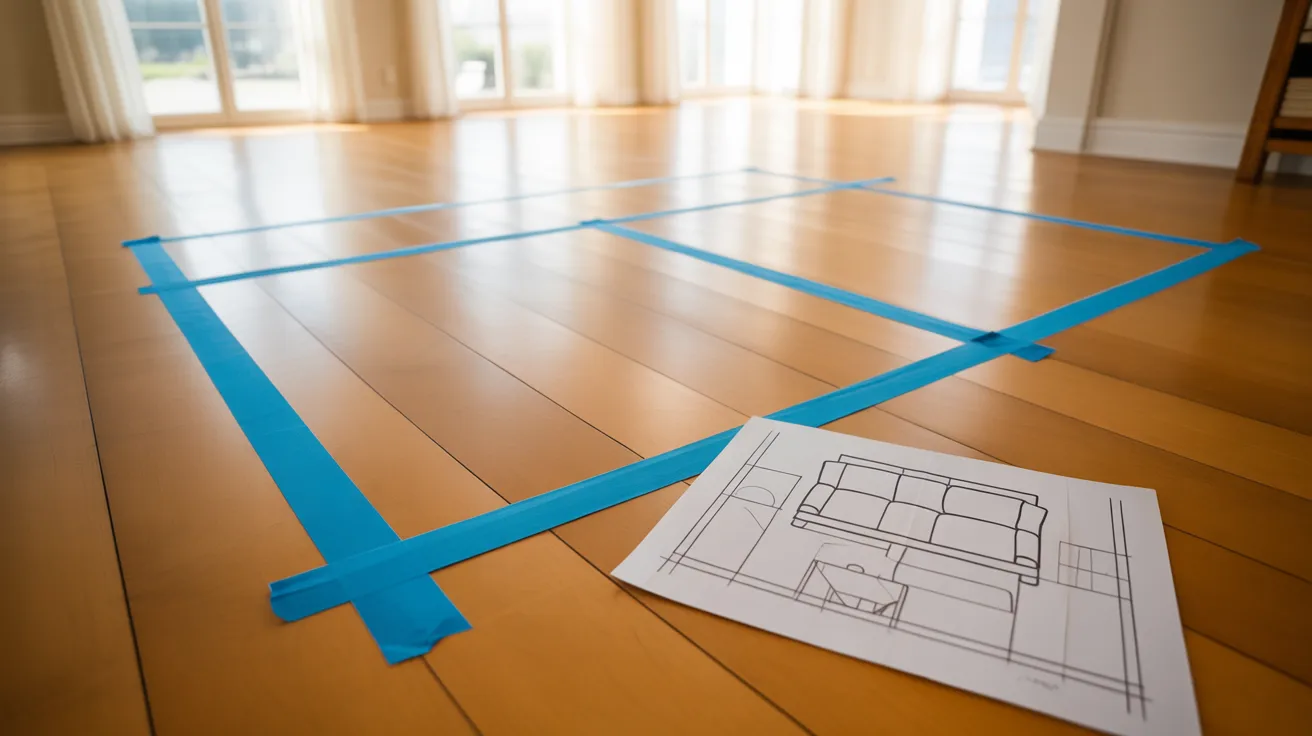 Masking tape outlines on a floor showing furniture placement planning before buying furniture for a room.