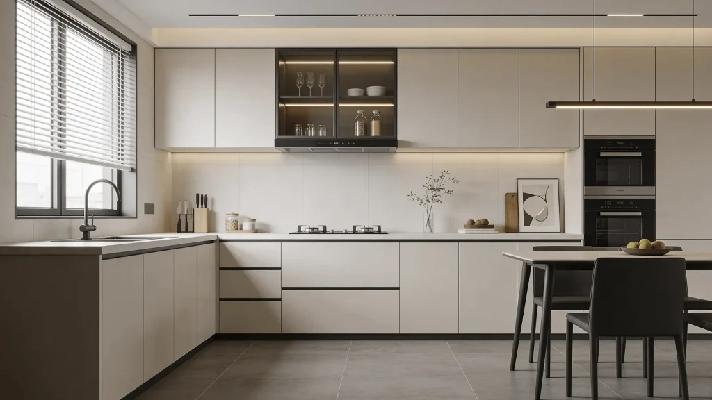 Matte concrete-look tiles on a kitchen floor with minimal cabinets and simple layout
