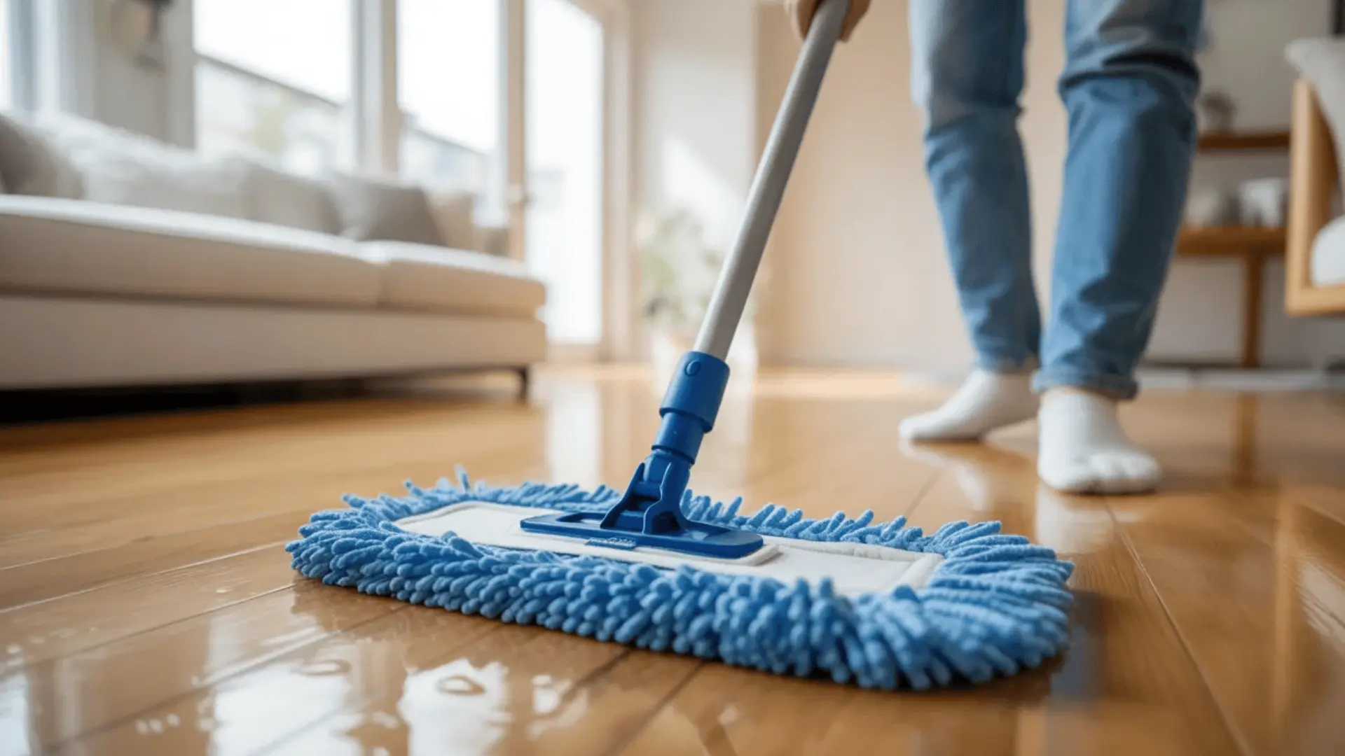 _Microfiber mop head flat against a hardwood floor showing soft fiber texture on the wood surface.