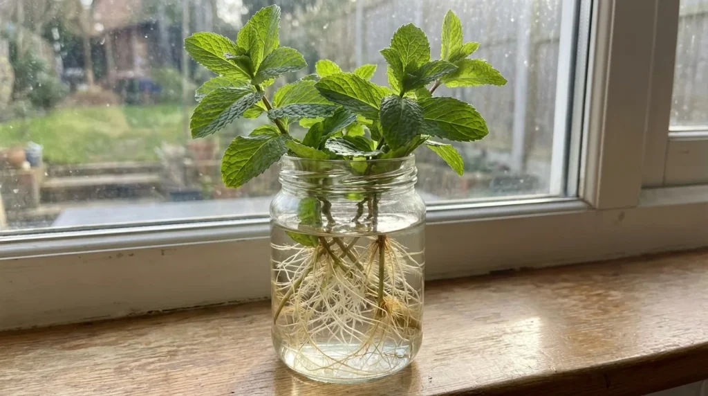 Mint stems with green leaves and thin roots growing in water
