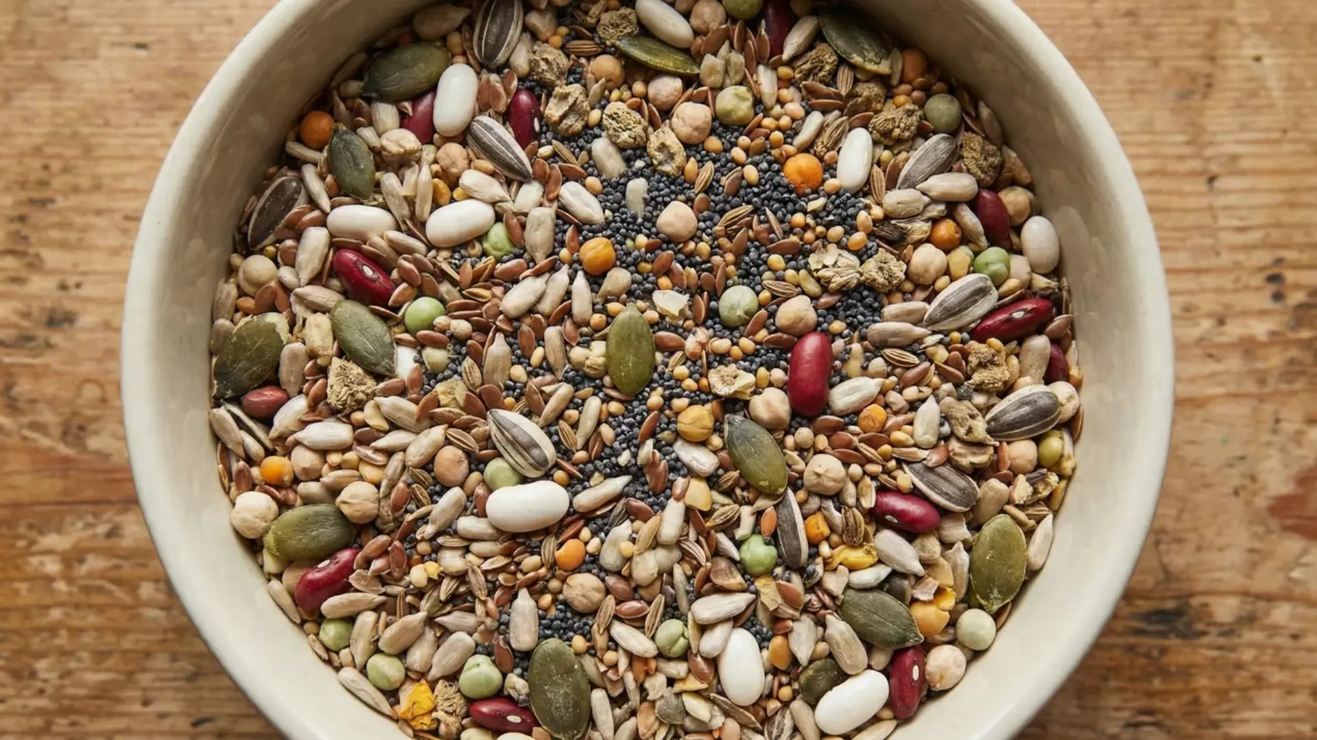 Mixed seeds of flowers, herbs, and vegetables combined in a container for planting