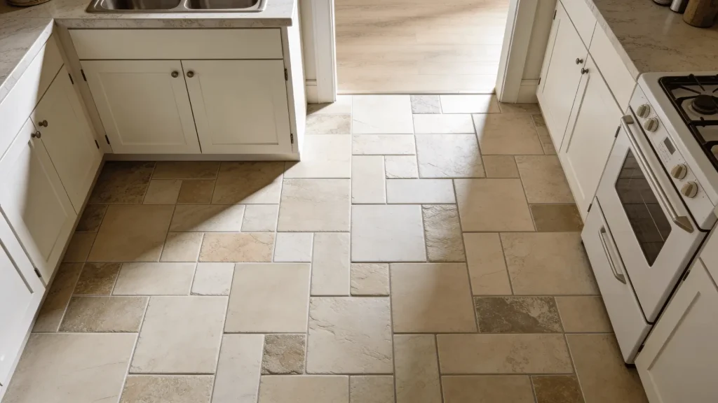Mixed-size tiles in a consistent color on a kitchen floor with a clean and simple layout