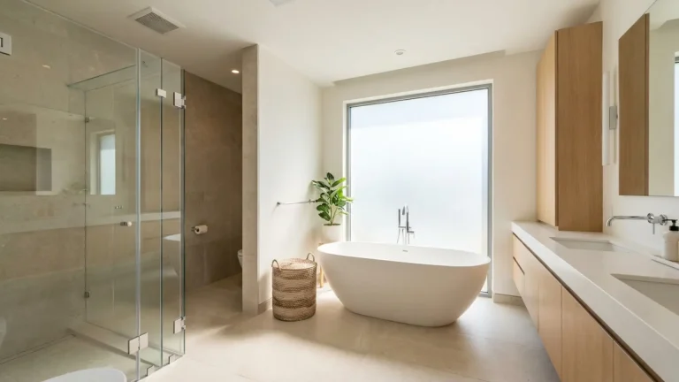 Modern bathroom with bathtub showing size and layout for understanding how long a bathtub is