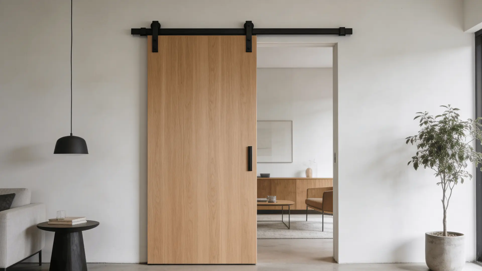 Modern flat panel barn door with smooth wood surface and minimalist black sliding hardware.