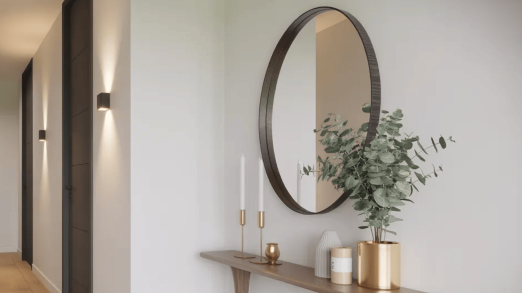 Modern hallway with light walls, wooden floor, wall lights, and a console table with candles, plant, and round mirror