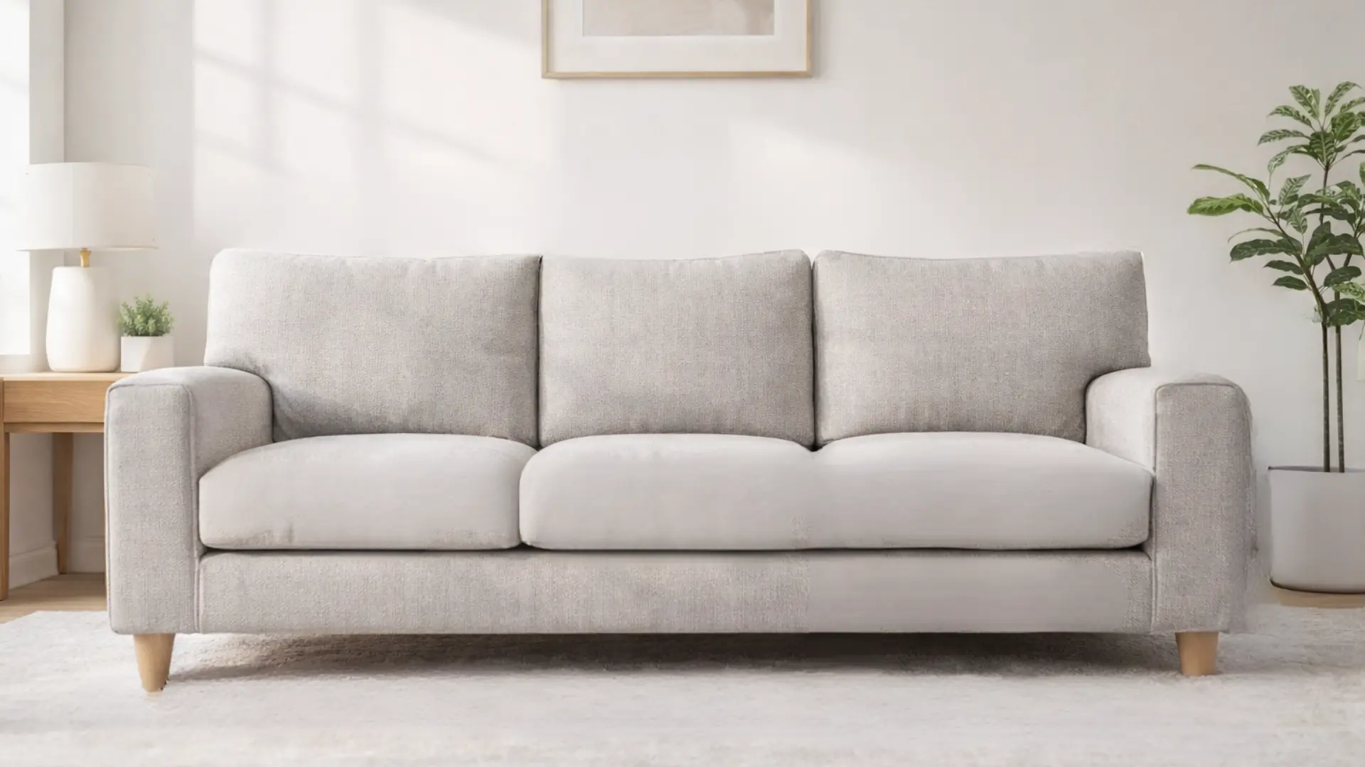 Modern living room with a sofa in a clean layout showing proportions and overall couch size for space planning