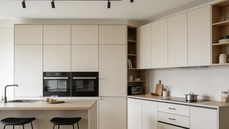 Modern modular kitchen with cabinets, drawers, countertop, and built-in appliances arranged in a clean layout