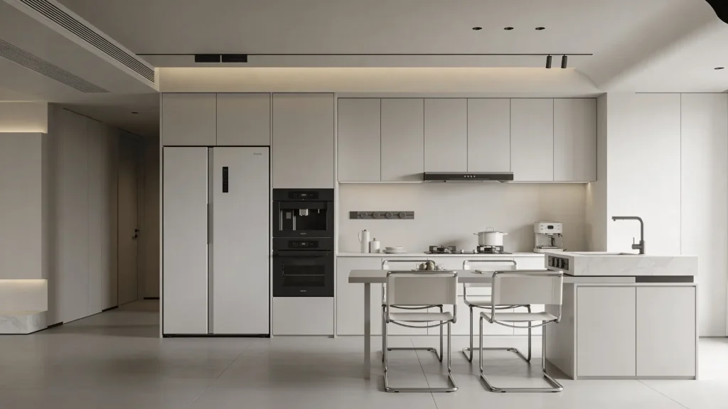 Monochrome kitchen floor with matching tones across cabinets and surfaces in a minimal layout