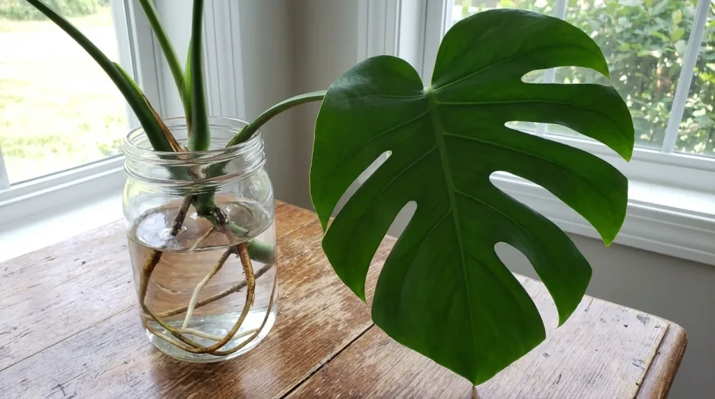 Monstera stem cutting with split leaf growing roots in water